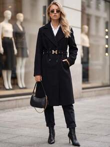 Women's Double-Breasted Belted Coat, Wide Lapels, Knee Length, Lined With Pockets - Black - View 3