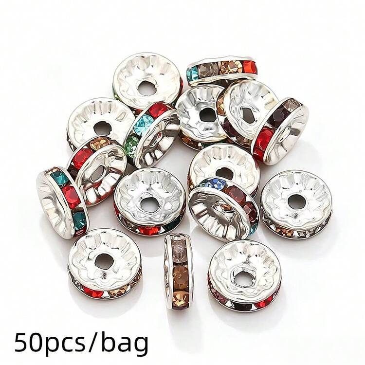 50pcs Gold Tone White Rhinestone DIY Handmade Spacer Beads, Used For Jewelry Making Necklace, Loose Beads, Round With Hole - Round Spacer Beads - View 26