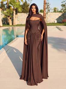Romantic Sleeveless Brown Dress With Ruched Details, Strapless Boned Bodice And Mermaid Hem, Suitable For Formal Occasions - Coffee Brown - View 5