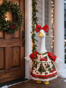 1pc Christmas Porch Goose Outfit Set, Christmas Tree & Truck Print Dress With Bow Headband, Fits 23" Goose Statue, Holiday Outdoor Yard Porch Decor (Statue Not Included) - Multicolor - View 3