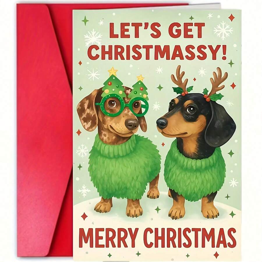 1/3sets "LET'S GETCHRISTMASSY!"Cute Dachshunds Greeting Card,Two Cute Dachshunds Wearing Christmas Themed Sweaters And Glasses,Suitable For Christmas,New Year And Various Holiday Parties - A - View 1