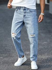 NEWTUSFAN Men's Casual Daily Denim Jeans With Pocket, Button And Distressed Design - Light Wash - View 1