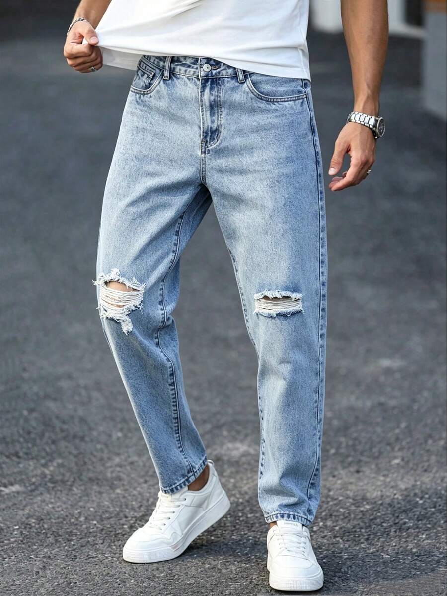 NEWTUSFAN Men's Casual Daily Denim Jeans With Pocket, Button And Distressed Design - Light Wash - View 1