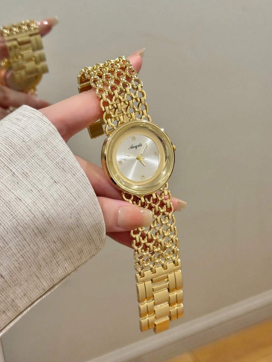 Fashion Women's Quartz Watch, Large Round White Dial, Wide Hollow Strap, Rhinestone Hour Markers, Suitable For Social Occasions - Gold - View 1