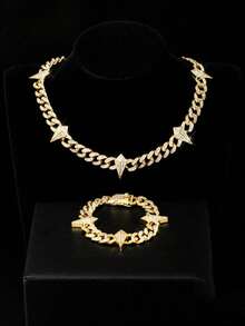 European & American Hip Hop Full Rhinestone Diamond Rhombus Spike Patchwork Cuban Chain Necklace & Bracelet Set, Heavy Rhinestone Studded Thick Chain, Unisex Rap Street Style Accessories, Gold & Silver Dual Colors Available - Spiked Cuban Link Chain - View 2