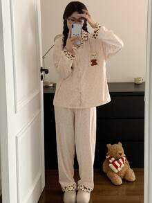 2pcs/Set Women's Pajama Loungewear Set, New Cardigan Lapel Animal Print Long Sleeve Long Pants, Easy Care Fabric - Champagne - View 6