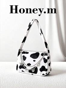 1pc Chain, Cow Print Animal Pattern Element Casual Shoulder Bag, Fashion Handbag, Large Capacity, Versatile, Suitable For Teenage Girls, Great For Office, Work, Business, Commuting, Shopping, Vacation, An Excellent Gift For Friends, Girlfriends, Teachers, Also Suitable For Vacation And Holidays - Black and White - View 1