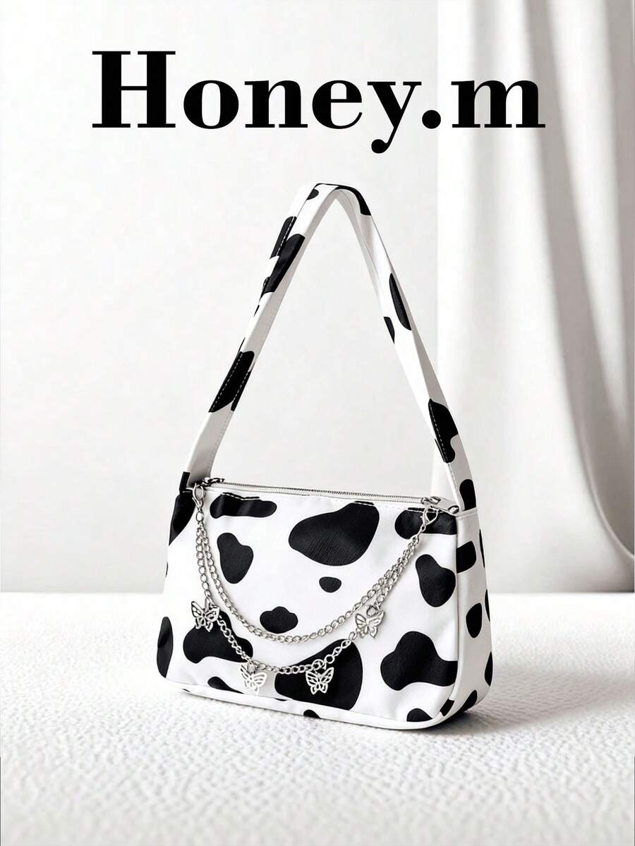 1pc Chain, Cow Print Animal Pattern Element Casual Shoulder Bag, Fashion Handbag, Large Capacity, Versatile, Suitable For Teenage Girls, Great For Office, Work, Business, Commuting, Shopping, Vacation, An Excellent Gift For Friends, Girlfriends, Teachers, Also Suitable For Vacation And Holidays - Black and White - View 1