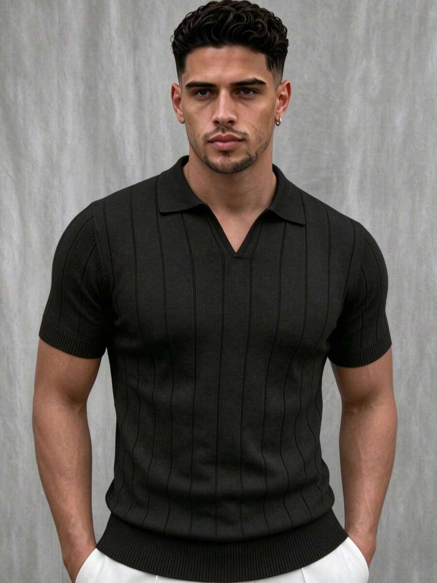 ZYNTH BALENO Men's Summer Striped Airplane Collar Short Sleeve Sweater, Suitable For Outdoor Sports And Gym Workouts - Black - View 1
