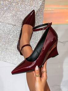 Pointed Toe Wedge Heel Shoes With Single Strap Low Vamp Evening Commute Height-Increasing Elegant High Heels Women's Shoes - Burgundy - View 1