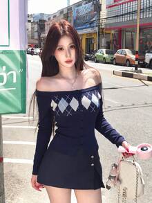 Women's Cold Shoulder Argyle Jacquard Knit Sweater, Royal Blue, Sexy Style, Button-Front, Slit Waist, Slim Fit, Long Sleeve Top - Royal Blue - View 4