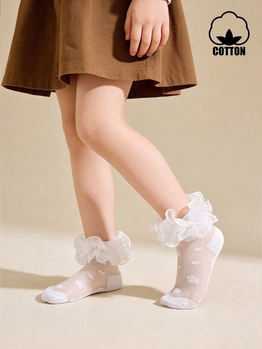 1 Pair Cotton Girls Classic White Large Lace Dance Socks Elegant Princess Style Short Socks Party Outfit - White - View 1