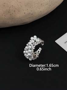 1pc Ins Style Casual Cubic Zirconia Faux Pearl Ring, Suitable For Women's Daily Commute Wear - Silver - View 3
