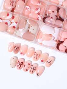 288pcs Short Oval Striped Bow Polka Dot Heart French Press-On Nails, Easy To Wear And Remove, Suitable For Daily Use And Valentine's Day - Multicolor - View 3