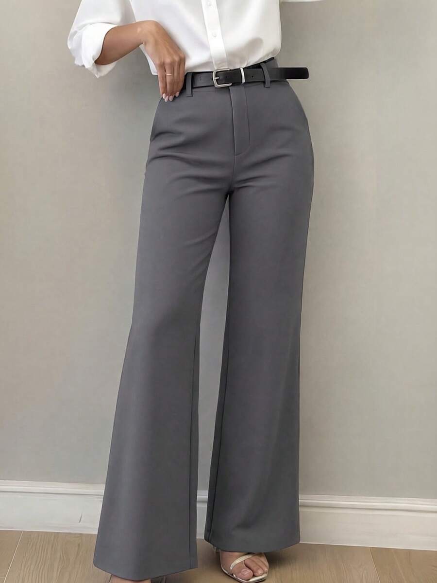 Women's Minimalist Design Flared Leg Casual Trousers, Suitable For Commuting, Office, Daily Wear, All Seasons Spring Fall - Grey - View 1