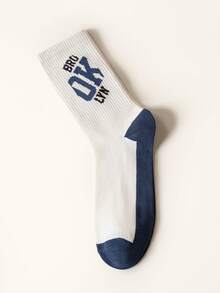 5 Pairs Men's Letter Graphic Cotton Crew Socks, Breathable Moisture Wicking Mesh Socks, Color Block Casual Sport Mid Calf Socks For Daily Wear - Multicolor - View 2
