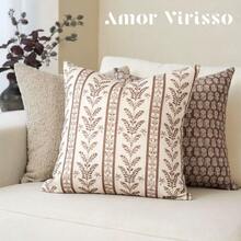 Amor Virisso Floral Pillow Covers 18x18 Set Of 2 Block Print Pillow Cover Neutral Boho Farmhouse Accent Striped Decorative Pillow Covers For Sofa Bed, - Brown - View 6