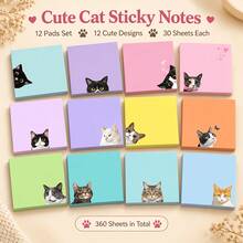 Cute Cat Sticky Notes Set, 3/6/12 Pads 90/180/360 Sheets, 7.62 X 7.62 Cm Colorful Self-Stick Memo Notes With Adorable Cat Designs For Office, School, Study, Journaling And Gifts - one-size - View 1