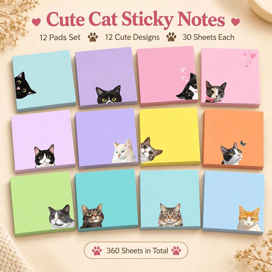 Cute Cat Sticky Notes Set, 3/6/12 Pads 90/180/360 Sheets, 7.62 X 7.62 ...
