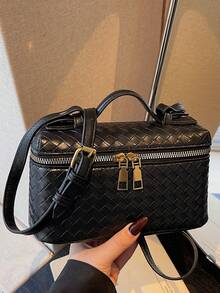 Woven Texture Decor Large Capacity Portable Dual Zipper Closure Vintage Luxury Style Handheld Box Bag, Suitable For Daily Commute, Dating, Girls Crossbody Small Bag, Versatile Personalized High-End Feel Makeup Pouch Fashion Item - Black - View 10