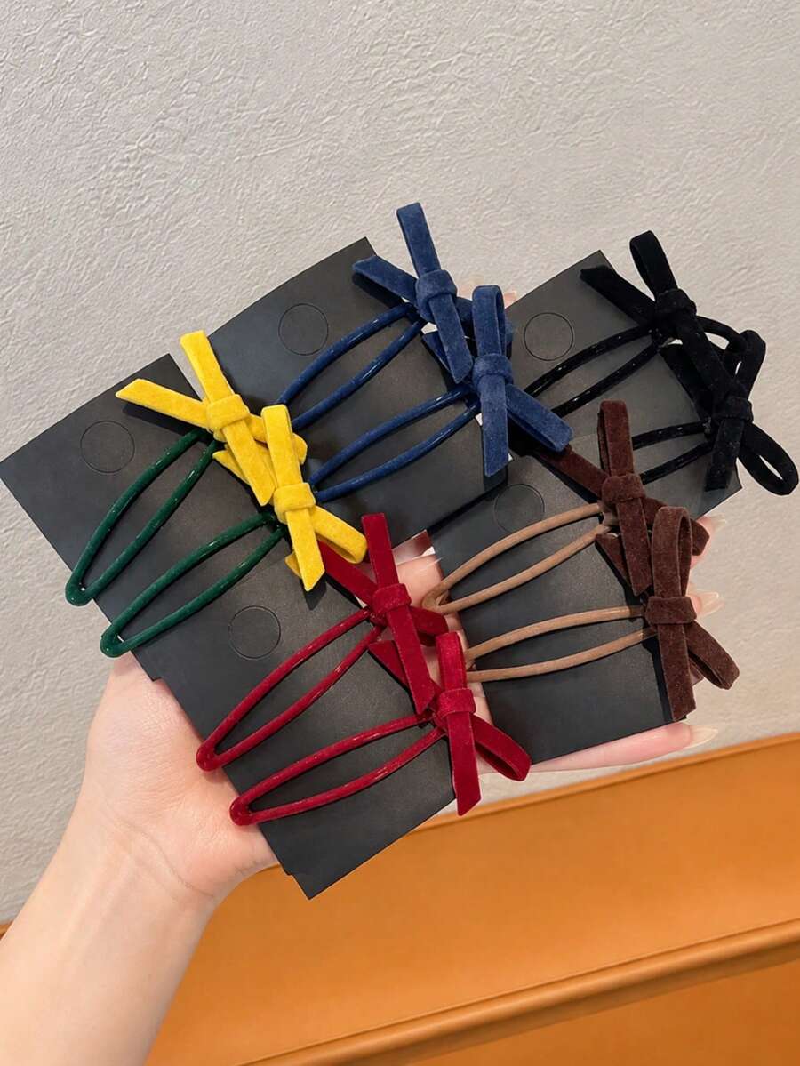 5pcs Girls Autumn/Winter Bow Hair Clips, Versatile Daily Children Hair Accessories, Non-Damaging Hair Clips - Multicolor - View 1