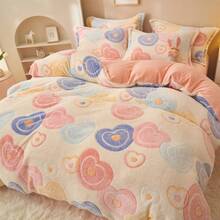 1pc Snowflake Fleece Floral & Heart Pattern Pink Duvet Cover, Warm Plush Comforter Cover For Bedroom, Suitable For Spring, Autumn & Winter - Multicolor - View 2