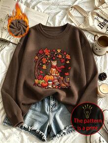 Sweater Rajut Imitasi Kasual Retro Ukuran Plus Wanita dengan Leher Bulat dan Gambar Kucing Lucu, , dan Pohon Maple - Sempurna untuk Busana Musim Gugur. - Coklat - View 10