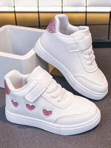 Girls' High-Top White Sneakers With Glitter Heart Hook And Loop Closure, Soft Sole Anti-Slip Casual Sports Shoes For Spring And Autumn - White - View 2
