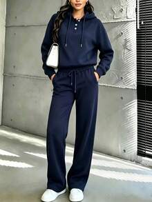 Women's Solid Color Hoodie & Pants Set, Casual Loose Drawstring 2 Pieces Set, Suitable For Winter Daily Wear - Navy - View 1