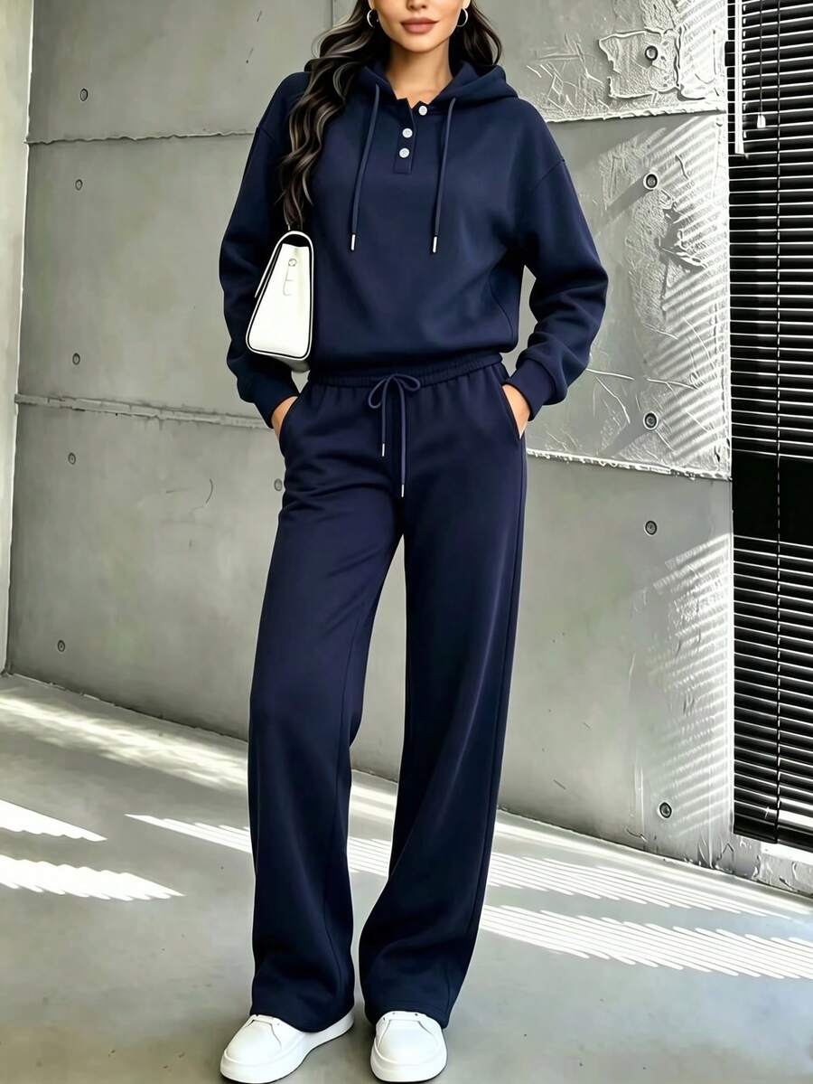 Women's Solid Color Hoodie & Pants Set, Casual Loose Drawstring 2 Pieces Set, Suitable For Winter Daily Wear - Navy - View 1