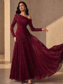 Elegant Long Sleeve Asymmetric Neckline Ruched Flared Hem Women's Formal Evening Gown - Burgundy - View 1