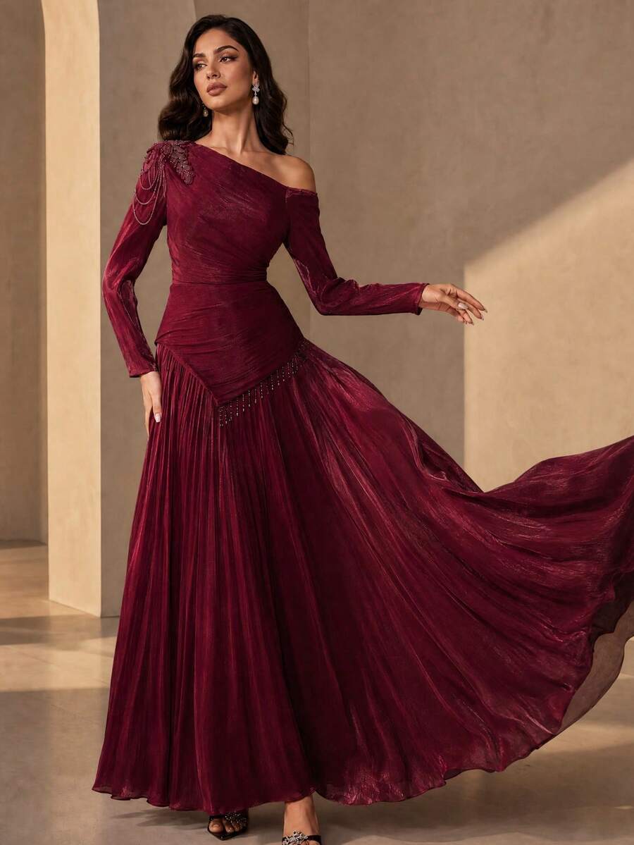 Elegant Long Sleeve Asymmetric Neckline Ruched Flared Hem Women's Formal Evening Gown - Burgundy - View 1