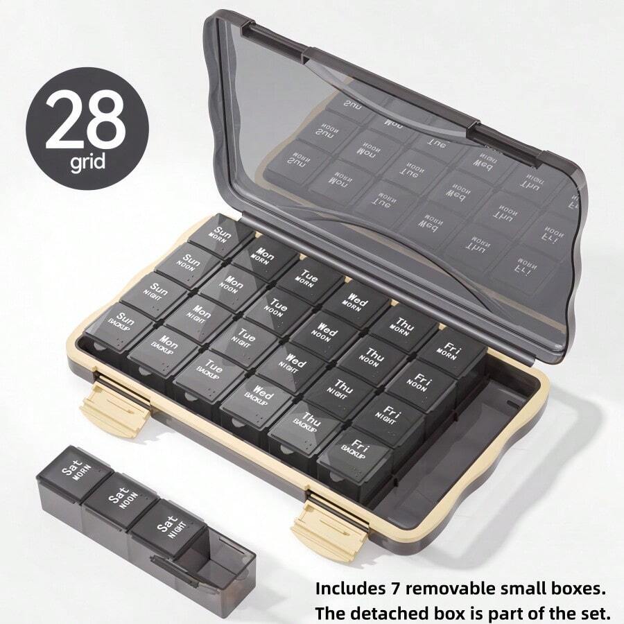 28-Compartment Weekly Detachable Pill Box, 7-Day Morning/Noon/Evening/Bedtime 4-Slot Divided Storage Box, Portable Sealed Light-Proof Pill Organizer For Travel, Medicine And Vitamin Compartment Box
