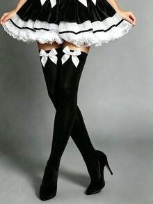 1 Par de Meias Altas de Cetim com Laço, Meias Acima do Joelho, Meias Longas Opacas com Laço de Renda Sexy para Mulheres, Fantasia de Halloween - Preto - Visão 2