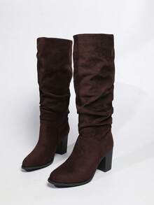 Women's Mid-Calf Boots, Chunky Heel, Pointed Toe, Fashionable, Suede, High Heel, Slouchy, Slimming - Brown - View 7