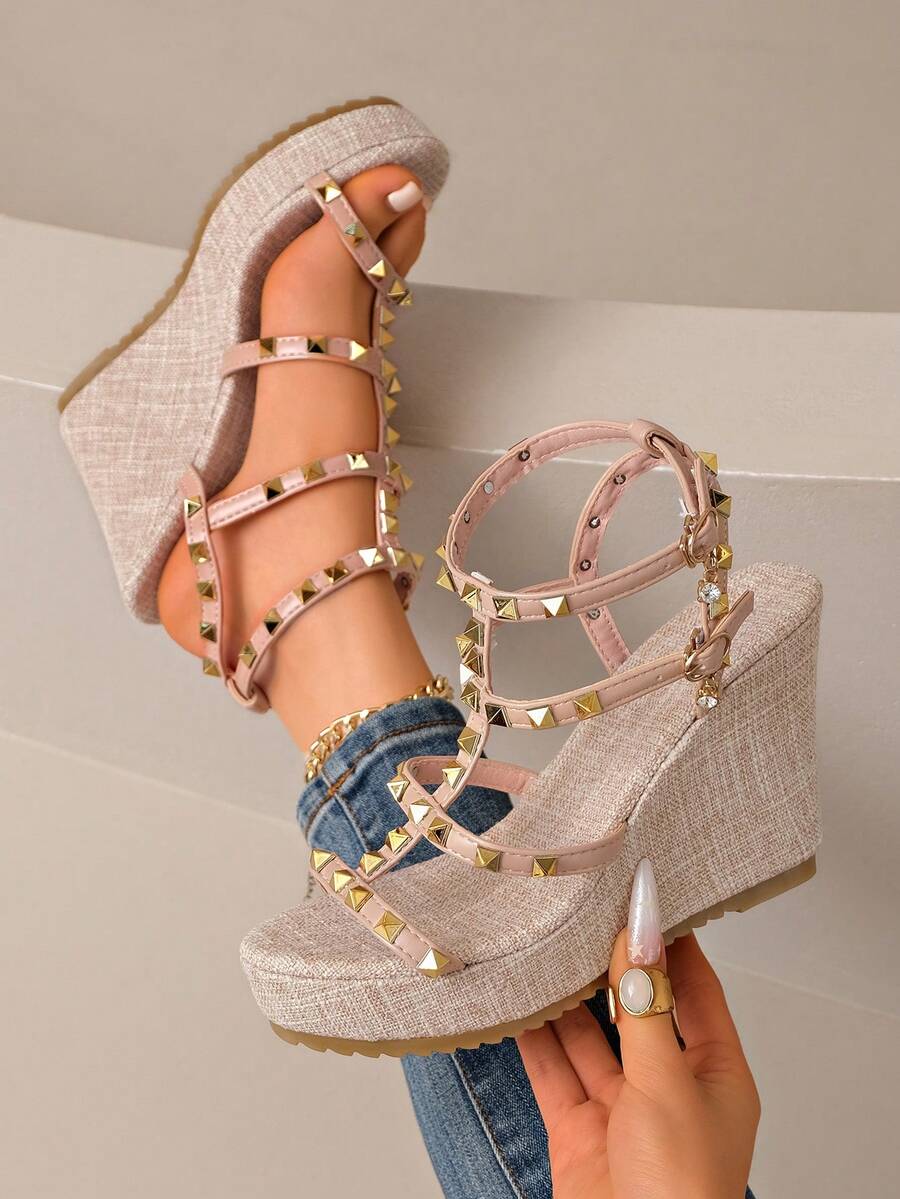 JINWUYIPIN Rivet T-Strap Wedge Roman Sandals For Women, Summer Thick Sole High Heel Party Shoes - Pink - View 1