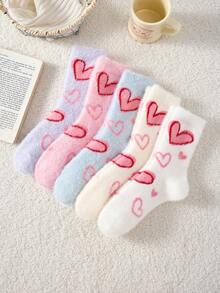 2 Pairs White & Pink Fuzzy Women's Mid-Calf Socks, Heart Pattern Warm Socks, Soft & Comfortable, Random Color - Multicolor - View 3