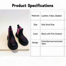 Girls' Contrast Color Purple Elastic Chelsea Boots, Embroidered Pattern Slip-On Ankle Boots, Suitable For Children - Black - View 11