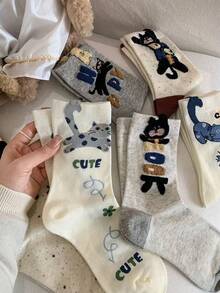 1/4/8 Pairs Cartoon Cat Mid-Calf Socks For Women, With Cute Lettering, Ins-Style, Versatile Socks - Multicolor - View 1
