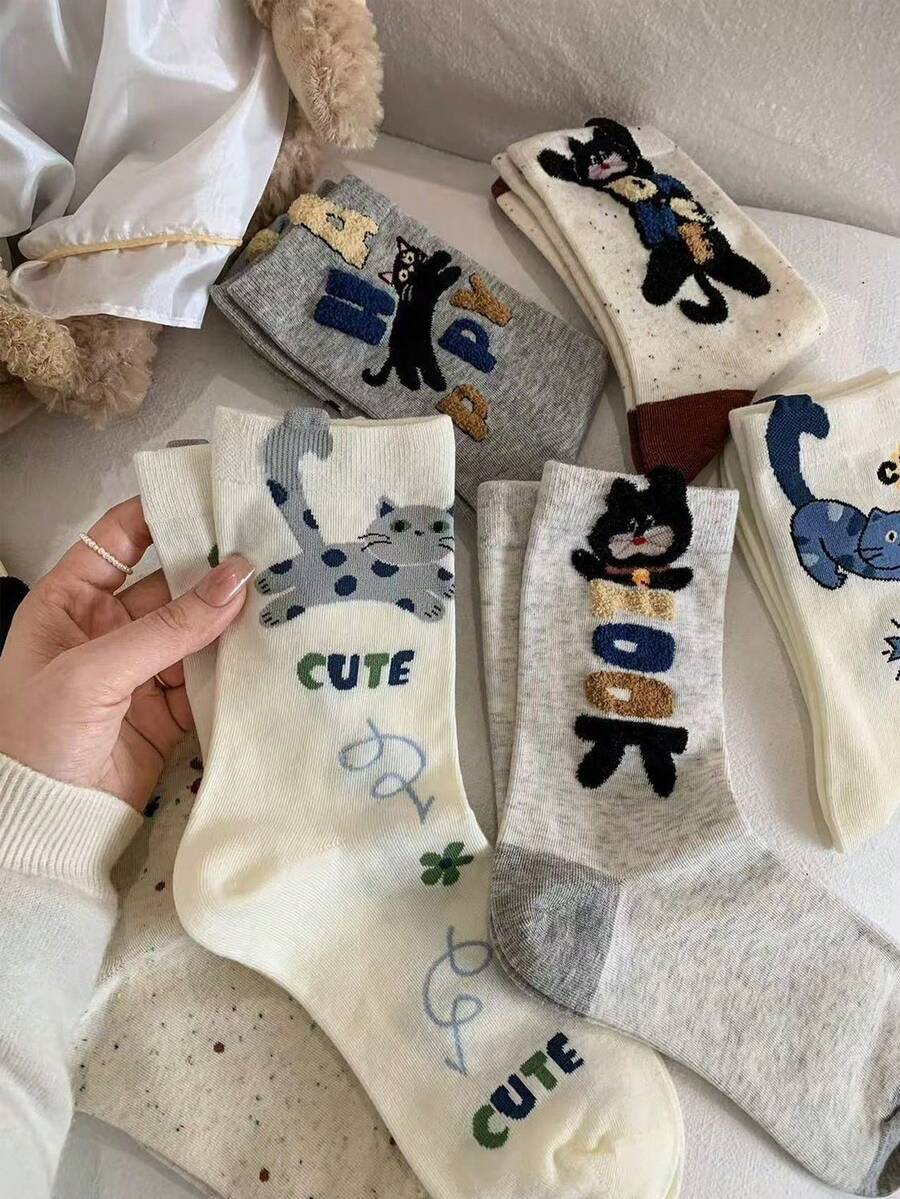 1/4/8 Pairs Cartoon Cat Mid-Calf Socks For Women, With Cute Lettering, Ins-Style, Versatile Socks - Multicolor - View 1