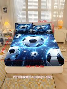 2/3PCS Blue Light Galaxy Soccer Fitted Sheet Green Dinosaur Print Bedding Set For All Seasons Twin/Full/Queen 100% Polyester Machine Washable - Multicolor - View 14