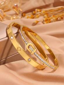 2pcsGolden Tone Stainless Steel Bangle, Simple & Clean - Gold - View 5