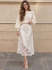 Women's Autumn Halloween Teacher Outfit Set, Lace Satin Mid-Length Skirt, Winter Holiday Essential - Champagne - View 4