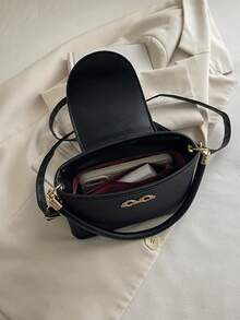 Women Vintage Textured Top‑Handle Handbag Luxury Gold Metal Decor Crossbody Shoulder Bag Daily Purse - Black - View 8