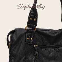 STEPHIECATHY Unisex Retro Casual Chic Street Style Washed PU Leather Tote Bag, Zipper Closure, Multi-Functional Pockets, - Black - View 4