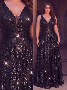 Plus Size Elegant Deep V-Neck Sequin Lace Maxi Dress, Sleeveless A-Line Waist Design, Suitable For Photography, Beach Vacation - Black - View 5
