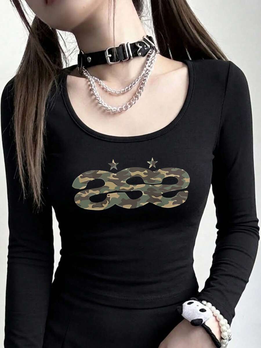 New Spring/Autumn Short Long Sleeve T-Shirt Women Y2K Generation Fun Design Camouflage Print Korean Style U-Neck Versatile Casual Slim Fit Top - Black - View 1