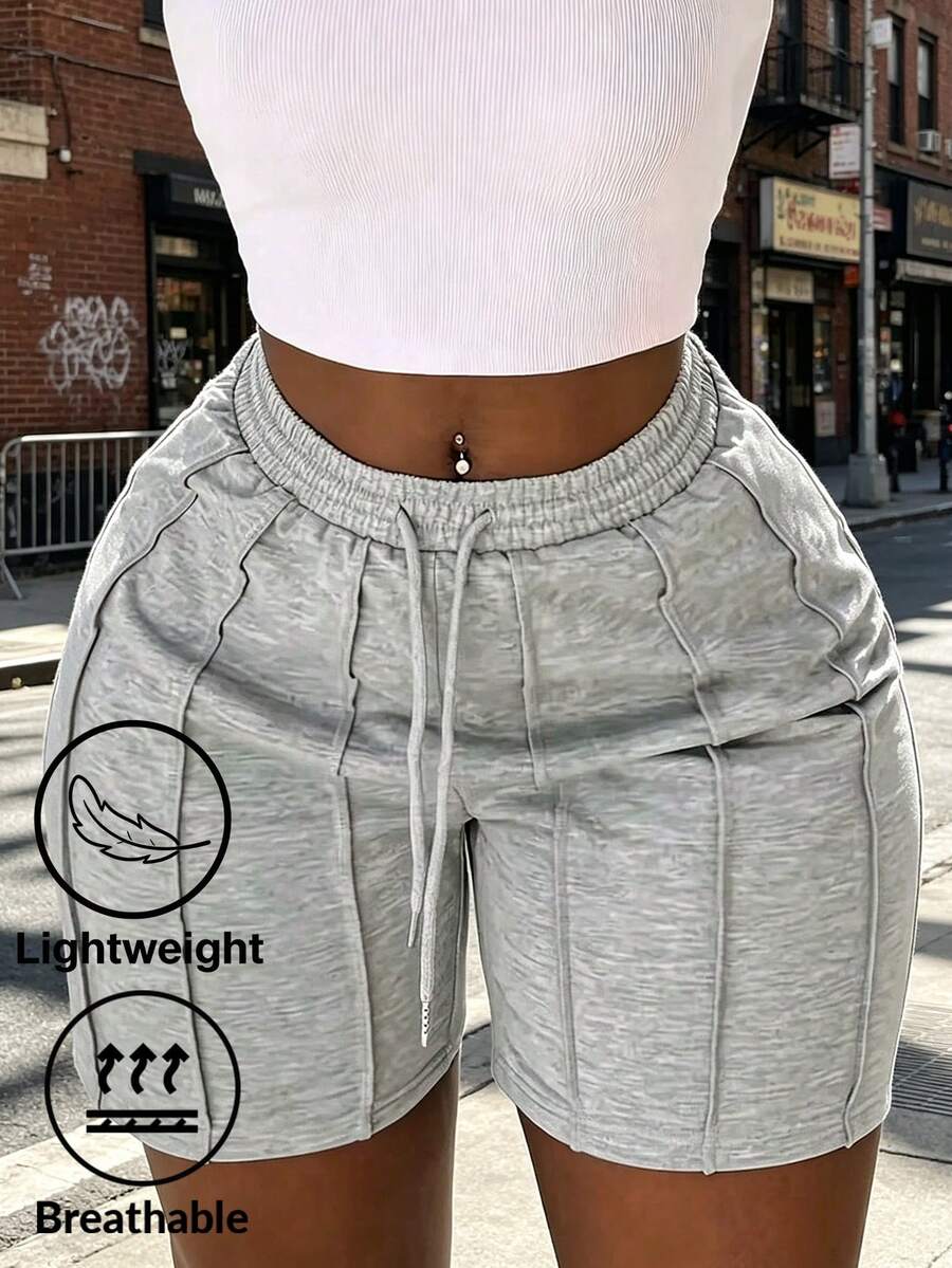 Women's Fashion Solid Color Drawstring Shorts, Casual Elastic Waist Slanted Pocket Shorts, Foldable Design, Suitable For Outdoor Activities And Daily Wear, Perfect Gift For Girlfriend, Polyester Material, Knitted Thin Style
