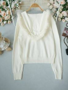 Women's White Fur Collar Hooded Knitted Cardigan Jacket, Autumn/Winter Design, Single-Breasted Embroidered Loose Fit Open Front Top - Milky White - View 6
