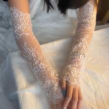 1 Pair Women's Vintage Lace Long Arm Sleeves, Suitable For Wedding Evening Party - White - View 10